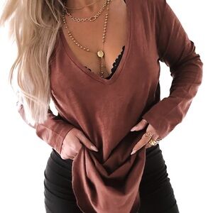 Elegant V-Neck Long Sleeve Top in Brown